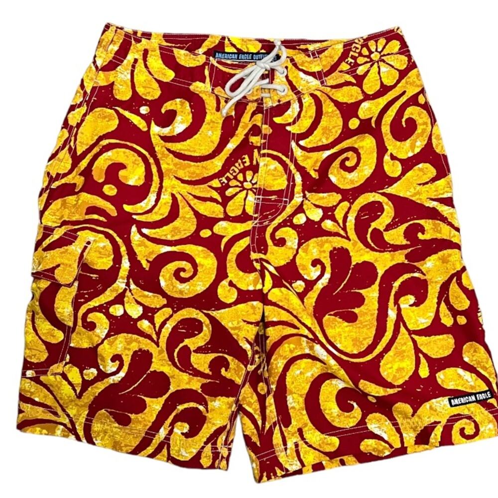 American Eagle Outfitters AEO Men’s Red Yellow Swirl Surf Swim Boardshorts 32